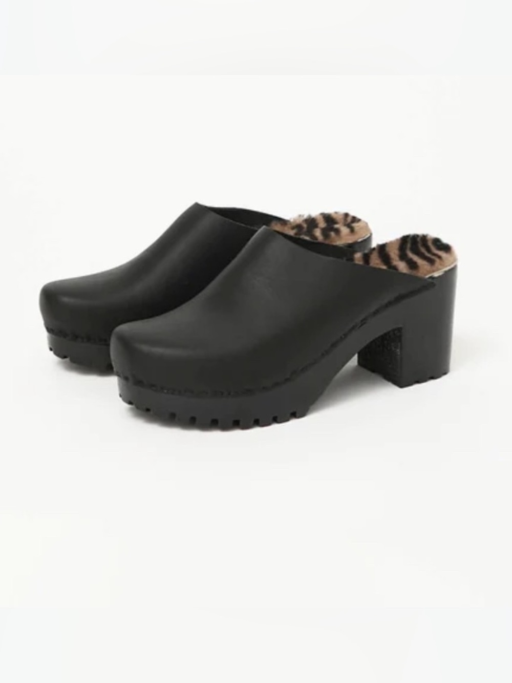 No.6 Liza Clog on Mid Tread in Black with Zebra Shearling on Black Base. NWT